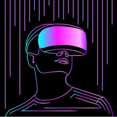 a man wearing a virtual reality headset in front of a black and purple background