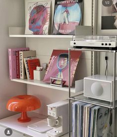 there is a shelf with cd's, cds and other items on it in the room