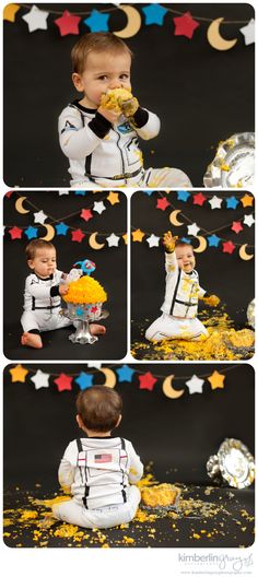 a collage of photos shows a baby in space suit eating cake and sitting on the ground