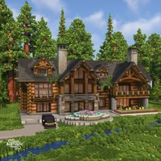 Large Minecraft House Ideas, Minecraft Houses Two People, Minecraft Couple House Ideas, Big Spruce House Minecraft, Minecraft Cabin Mansion, Minecraft Driveway, Minecraft Lodge House, Big Minecraft Houses Blueprints