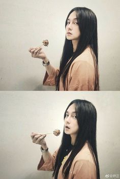 two pictures of a woman with long black hair holding something in one hand and looking up at the sky