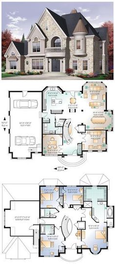 two story house plans with an open floor plan and large living area in the middle