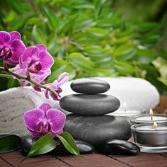 spa stones and candles with orchids on bamboo mat in the foreground, surrounded by greenery