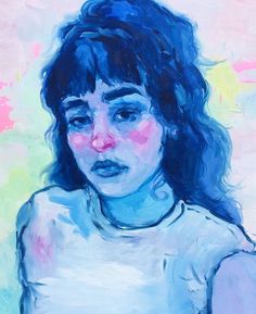 a painting of a woman's face with blue hair and pink cheeks, painted in pastel