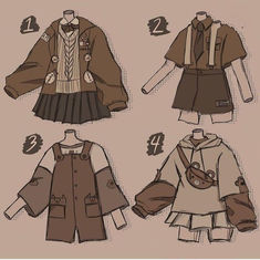 four different types of clothes for children with numbers on the front and back, one in brown