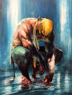 a painting of a man kneeling down in the water