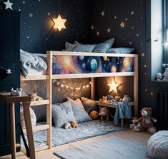 a child's bedroom with a bunk bed and stars on the wall