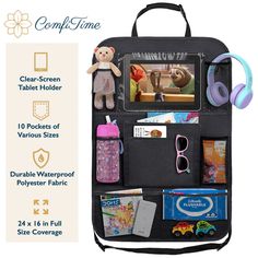 the back side of a bag with various items in it