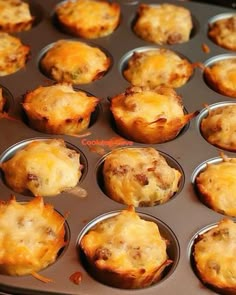 a muffin tin filled with some tasty looking food