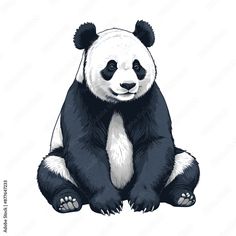 a black and white panda bear sitting on the ground with its paws crossed in front of it