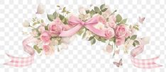 pink roses and butterflies with ribbon on transparent background