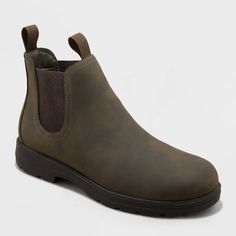 These Huxley Chelsea Boots from Goodfellow & Co™ are a perfect addition to your shoe wardrobe. The faux-leather design features a solid-color upper with a round closed toe, cushioned insole and medium width. Set on a TPR outsole, these mid-calf boots are equipped with distinct elastic panels on the sides, along with front and back pull tabs for a snug, secure fit. Experiment with different clothing combinations to showcase your unique style and make these Chelsea boots a versatile staple in your Winter Chelsea Boots, Ankle Rain Boots, Shoe Wardrobe, Men's Totes, Rubber Boot, Leather Chelsea Boots, Wide Boots, Outfit Combinations, Calf Boots