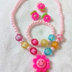 Little Girls Jewelry Set Necklace, Earrings,Ring, Bracelet Pink Plastic Jewelry For Birthday, Colorful Playful Jewelry, Playful Plastic Jewelry For Birthday, Adjustable Round Multicolor Jewelry Sets, Adjustable Pink Jewelry Set For Party, Pink Plastic Birthday Jewelry, Cute Handmade Jewelry, Flower Shaped Plastic Jewelry As Gift, Pink Adjustable Jewelry Sets For Gifts