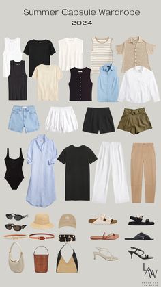 Summer Capsule Wardrobe 2024 - Above The L.A.W. Style Capsule Wardrobe Summer Outfits, Time Capsule Wardrobe Summer, Summer Carry On Packing, 2024 30s Style, Summer 2024 Wardrobe Capsule, Summer 2024 Wardrobe, 2024 Capsule Wardrobe Summer