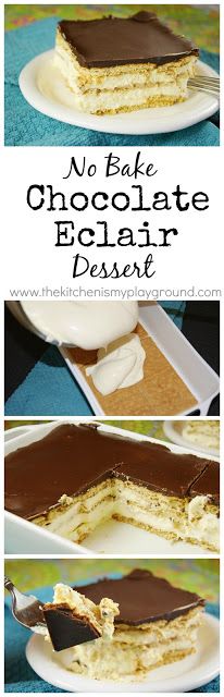 no bake chocolate eclair dessert on a white plate with the words, no bake chocolate eclair desert