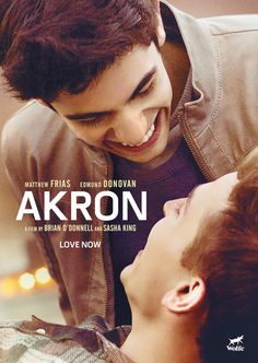 the movie poster for akron is shown with two young men looking at each other