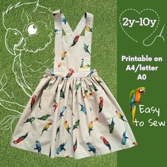 a dress with colorful birds on it and the words easy to sew written in white