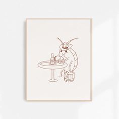 a drawing of a cat sitting at a table with a bottle in it's hand