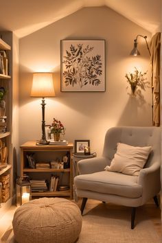 a living room filled with furniture and bookshelves next to a lamp on a table