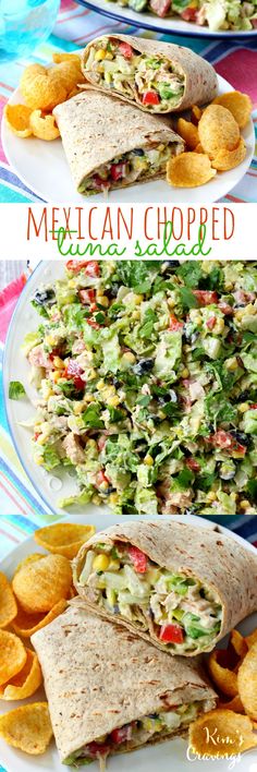 mexican chopped chicken salad with tortilla chips on the side and an image of two plates