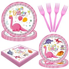 pink dinosaur birthday party supplies including plates, napkins and forks