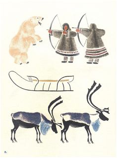 an image of some animals and people in native american art style clothing with arrows on their backs