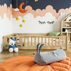 a child's room with a bed, crib and stuffed animals on the floor