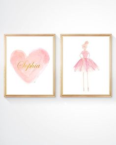 three pink ballerinas with their names in gold framed art prints on the wall