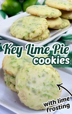 key lime pie cookies with lime frosting on white plates and green peppers in the background