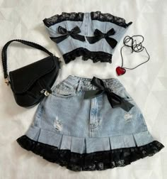 New Two Piece Sets Womens Outifits Y2K Denim Mini Skirt Suit Harajuku Sexy Bow Slim Tube Tops Goth Skirt Suit For Women, Mini Skirt Suit, Cute Mini Skirt, Summer Knitwear, Fashion Gowns, Suit For Women, Tube Tops, Y2k Denim, Baggy Pants