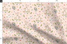 a pink background with small deer and flowers on the bottom half of it, in pastel colors