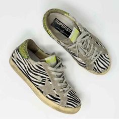 Size 38 Golden Goose Tri-Color Calf Hair Glitter Superstar Sneakers. Worn But Excellent Condition. Hair Glitter, Fab Shoes, Green Glitter, Calf Hair, Fit Check, Green Hair, Golden Goose, Gray Green, Tri Color