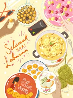 an illustration of various food items on a table with the words selamat hap jehan