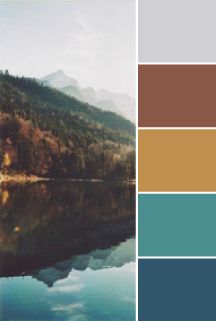 there is a color palette with mountains in the background and water on the bottom right