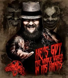 a man in a top hat pointing at the camera with two demonic faces behind him