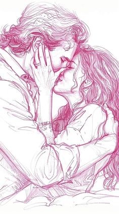 a drawing of a man kissing a woman's face with her hand on her cheek