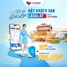 woman in blue dress holding suitcase and cell phone with advertise on screen for bat khach san ladalat