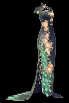 a woman's dress with flowers and peacock feathers on the back, black background