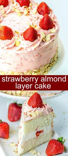 strawberry almond layer cake with white frosting and fresh strawberries on top