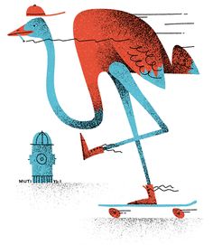 an illustration of a flamingo on a skateboard with a clock tower in the background