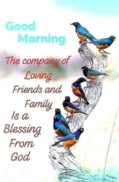 a group of birds sitting on top of a tree stump with the words good morning