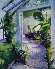 a painting of an open door in a house with tropical plants and potted trees