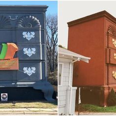 two different pictures of an old dresser and the same one has been painted on it