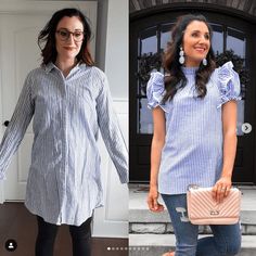 two women wearing different outfits, one in blue and the other in white with ruffled sleeves