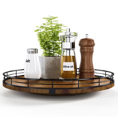 a wooden tray with some bottles on it and a potted plant in the middle