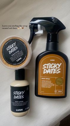 #stickydates #lush #stickydatesbodylotion #stickydatesspray #stickydatesscrub Lush Must Haves, Shower Care Aesthetic, Sticky Dates Lush, Christmas Wishlist Items, Scent Routine, Hygiene Products Aesthetic, Body Care Aesthetic, Sticky Dates