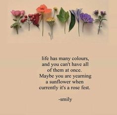 flowers are arranged in a row with the words life has many colours, and you can't have all of them at once