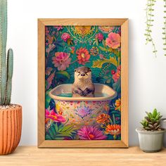 an animal sitting in a bathtub surrounded by flowers