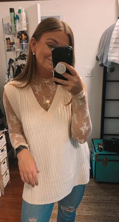 Lace shirt abd sweater vest Mesh Shirt Layering Outfit, Lace Shirt Under Shirt, Shirt With Lace Underneath, Hair For Dress Necklines Style, Styling Lace Undershirts, Outfit With Lace Undershirt, Freepeople Style Inspiration, Free People Lady Lux Layering Top Outfit, Layered Boho Outfit