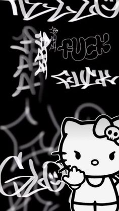 the hello kitty graffiti wallpaper is black and white